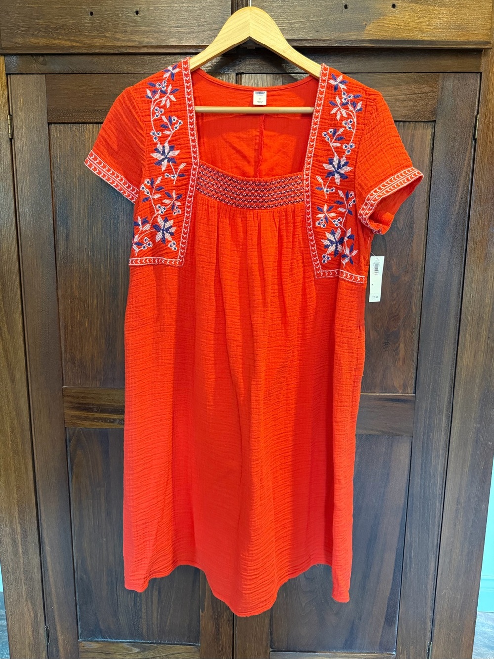 Old Navy Red Orange Short-Sleeve Embroidered Mini Dress